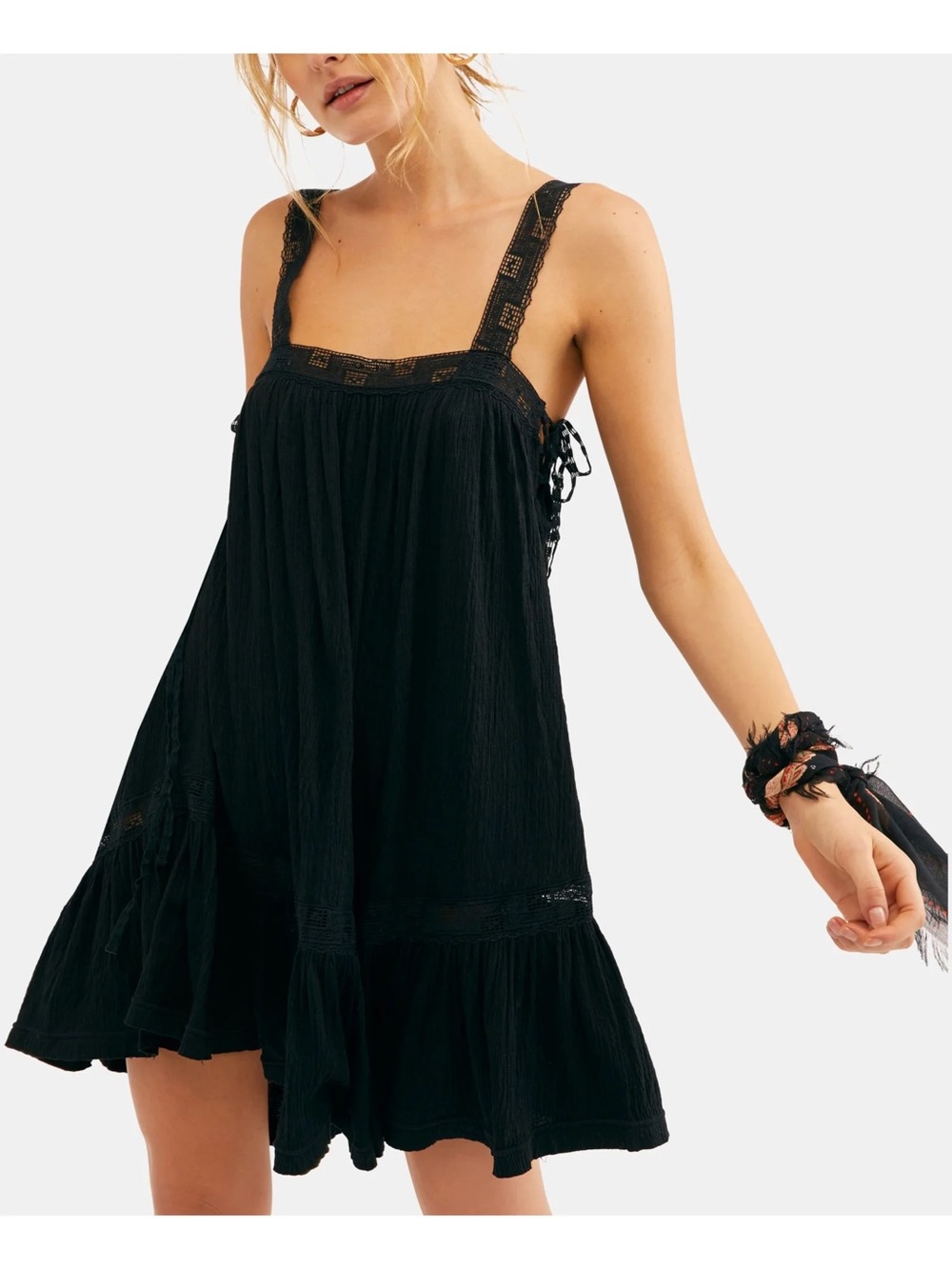 Free People Sweet Thing Tunic Dress Lace-Trim Swing Black Mini Dress Small